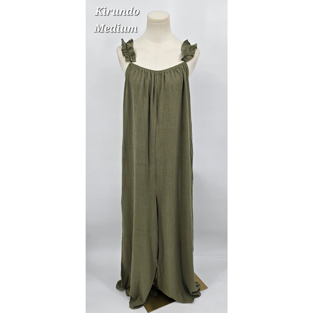 Kirundo Boho Minimalist Earthy Women’s Wide-Leg Jumpsuit – Olive Green, Size M